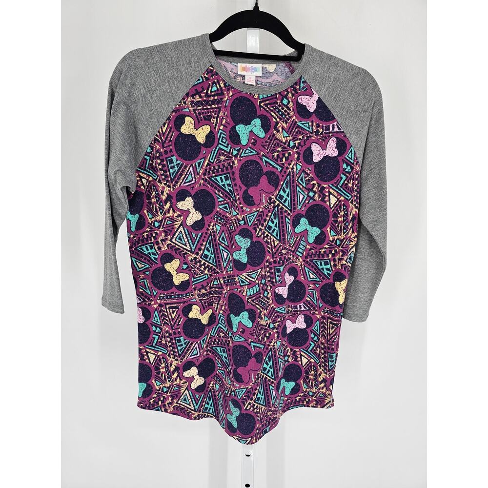 LuLaRoe Disney Randy T-Shirt Purple w/Gray Sleeves Sz S Minnie Mouse Print